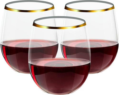 12 OZ Plastic Wine Glasses Stemless Disposable Gold Rim Unbreakable Wine Cups Glasses Reusable Shatterproof Recyclable and BPA-Free
