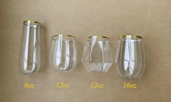 Plastic Champagne Flutes 9 oz Stemless Disposable Gold Rim Toasting Glasses, Crystal Clear Cocktail Cups Drink ware Shatterproof Ideal for Party Wedding Birthday