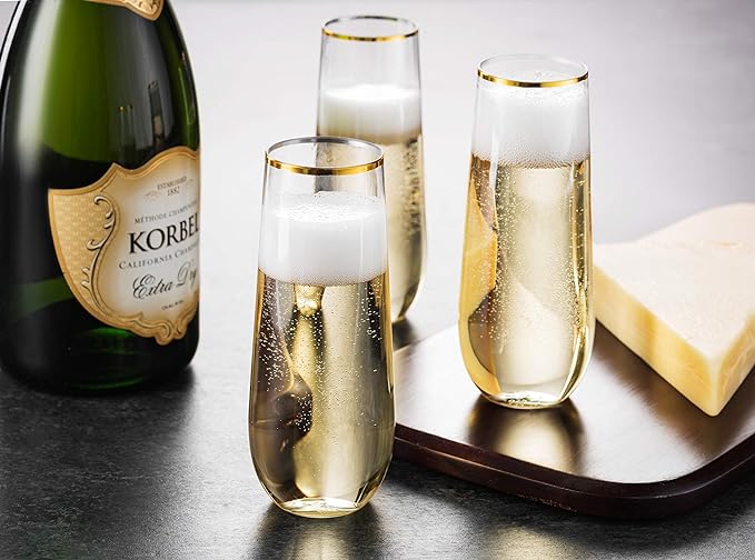Plastic Champagne Flutes 9 oz Stemless Disposable Gold Rim Toasting Glasses, Crystal Clear Cocktail Cups Drink ware Shatterproof Ideal for Party Wedding Birthday