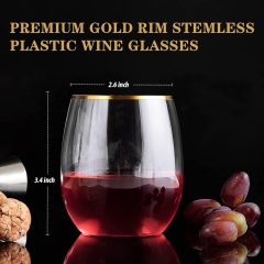 12 OZ Plastic Wine Glasses Stemless Disposable Gold Rim Unbreakable Wine Cups Glasses Reusable Shatterproof Recyclable and BPA-Free