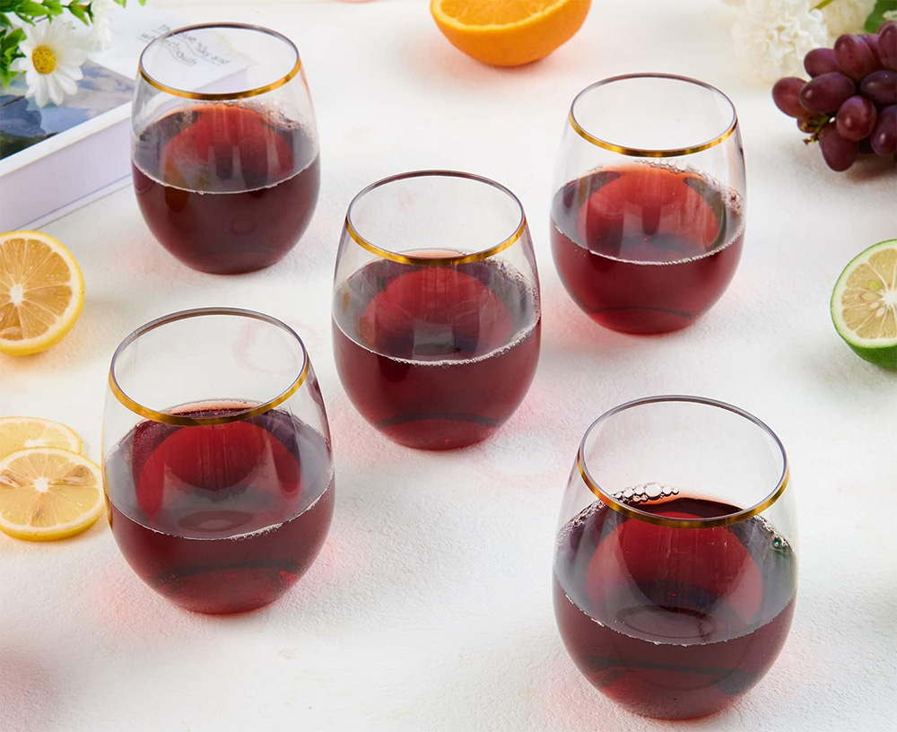 12 OZ Plastic Wine Glasses Stemless Disposable Gold Rim Unbreakable Wine Cups Glasses Reusable Shatterproof Recyclable and BPA-Free