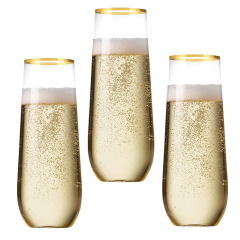 Plastic Champagne Flutes 9 oz Stemless Disposable Gold Rim Toasting Glasses, Crystal Clear Cocktail Cups Drink ware Shatterproof Ideal for Party Wedding Birthday