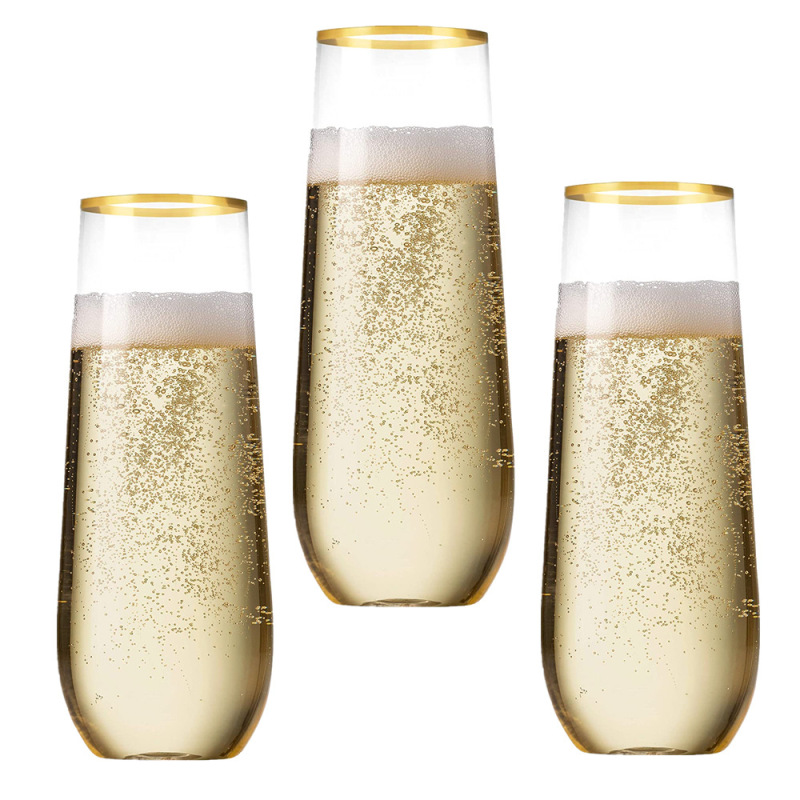 Plastic Champagne Flutes 9 oz Stemless Disposable Gold Rim Toasting Glasses, Crystal Clear Cocktail Cups Drink ware Shatterproof Ideal for Party Wedding Birthday