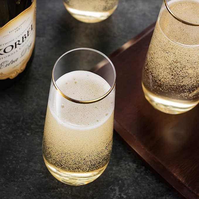 Plastic Champagne Flutes 9 oz Stemless Disposable Gold Rim Toasting Glasses, Crystal Clear Cocktail Cups Drink ware Shatterproof Ideal for Party Wedding Birthday