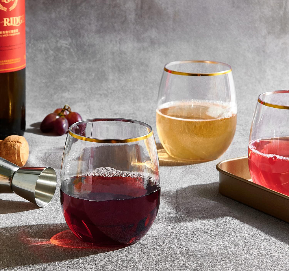 12 OZ Plastic Wine Glasses Stemless Disposable Gold Rim Unbreakable Wine Cups Glasses Reusable Shatterproof Recyclable and BPA-Free
