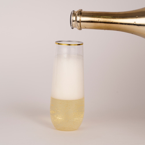Plastic Champagne Flutes 9 oz Stemless Disposable Gold Rim Toasting Glasses, Crystal Clear Cocktail Cups Drink ware Shatterproof Ideal for Party Wedding Birthday