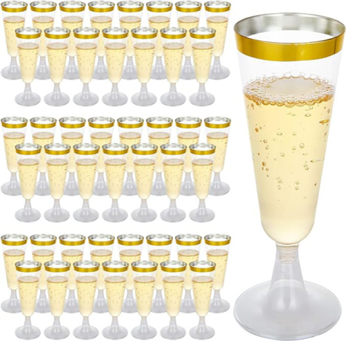 Champagne Flutes 5 Oz Plastic PS Gold Rim Wine Glasses Plastic Toasting Champagne Flutes for Wedding Party Disposable Plastic Champagne Glasses Cocktail Cups for Celebration