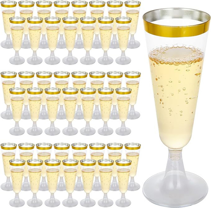 Champagne Flutes 5 Oz Plastic PS Gold Rim Wine Glasses Plastic Toasting Champagne Flutes for Wedding Party Disposable Plastic Champagne Glasses Cocktail Cups for Celebration