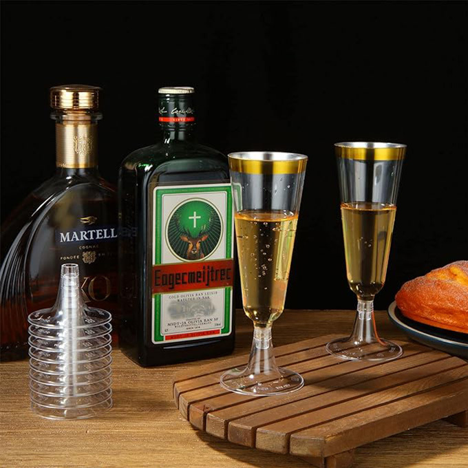 Champagne Flutes 5 Oz Plastic PS Gold Rim Wine Glasses Plastic Toasting Champagne Flutes for Wedding Party Disposable Plastic Champagne Glasses Cocktail Cups for Celebration