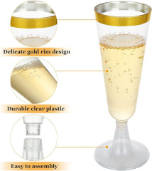 Champagne Flutes 5 Oz Plastic PS Gold Rim Wine Glasses Plastic Toasting Champagne Flutes for Wedding Party Disposable Plastic Champagne Glasses Cocktail Cups for Celebration