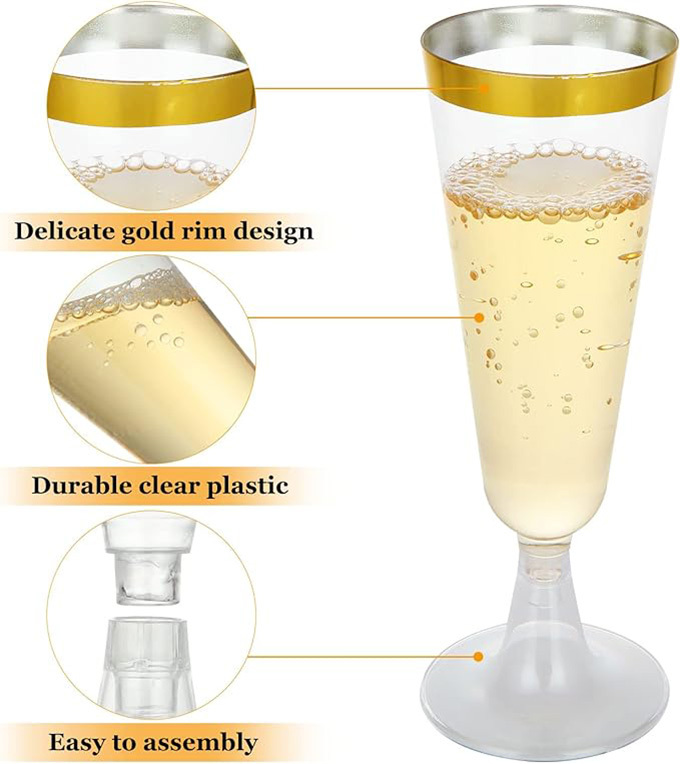 Champagne Flutes 5 Oz Plastic PS Gold Rim Wine Glasses Plastic Toasting Champagne Flutes for Wedding Party Disposable Plastic Champagne Glasses Cocktail Cups for Celebration