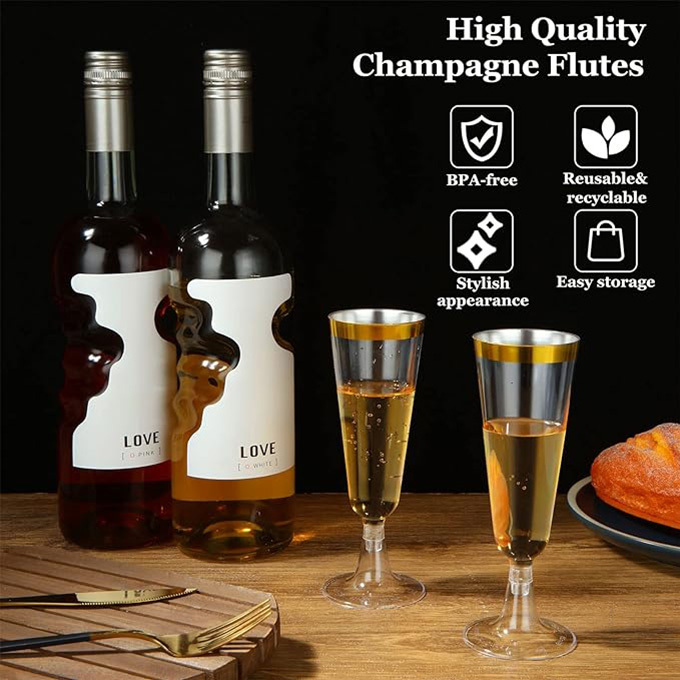 Champagne Flutes 5 Oz Plastic PS Gold Rim Wine Glasses Plastic Toasting Champagne Flutes for Wedding Party Disposable Plastic Champagne Glasses Cocktail Cups for Celebration