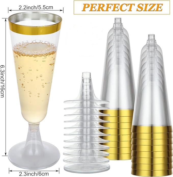 Champagne Flutes 5 Oz Plastic PS Gold Rim Wine Glasses Plastic Toasting Champagne Flutes for Wedding Party Disposable Plastic Champagne Glasses Cocktail Cups for Celebration