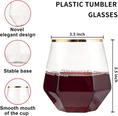 Gold Plastic Stemless Wine Glasses, 12 Oz Disposable Diamond Shaped Wine Glasses, Clear Plastic Whiskey Glasses with Gold Rim For Serving White Wine