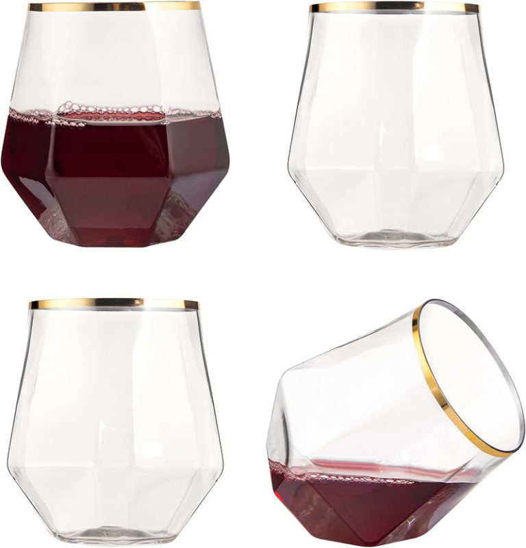 Gold Plastic Stemless Wine Glasses, 12 Oz Disposable Diamond Shaped Wine Glasses, Clear Plastic Whiskey Glasses with Gold Rim For Serving White Wine