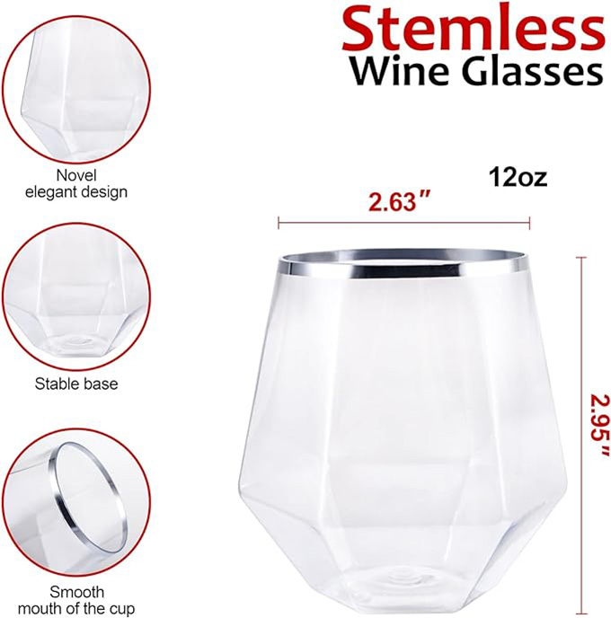 Clear Diamond Shaped Plastic Stemless Wine Glasses Disposable 12 Oz Clear Plastic Wine Whiskey Cups Shatterproof Recyclable and BPA-Free