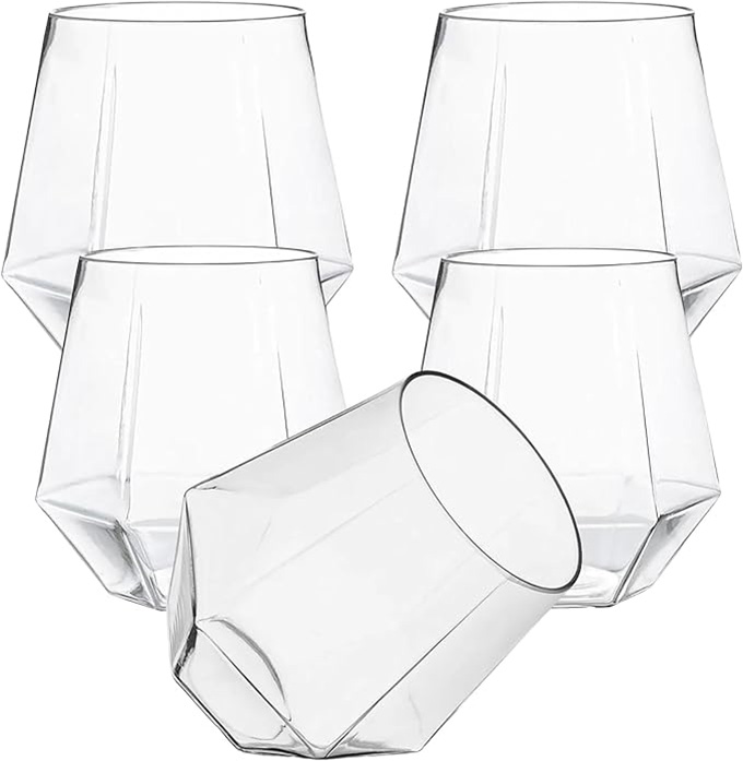 Clear Diamond Shaped Plastic Stemless Wine Glasses Disposable 12 Oz Clear Plastic Wine Whiskey Cups Shatterproof Recyclable and BPA-Free