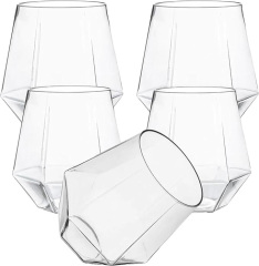 Clear Diamond Shaped Plastic Stemless Wine Glasses Disposable 12 Oz Clear Plastic Wine Whiskey Cups Shatterproof Recyclable and BPA-Free