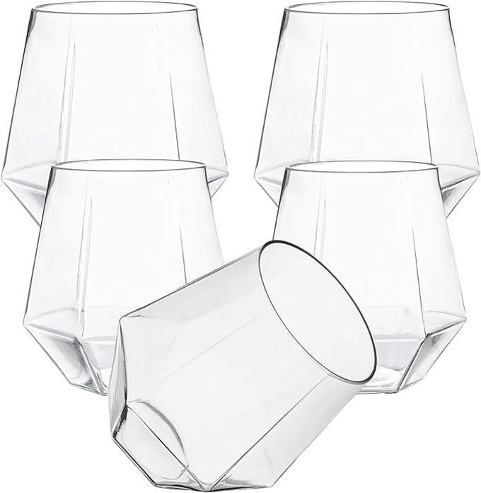 Clear Diamond Shaped Plastic Stemless Wine Glasses Disposable 12 Oz Clear Plastic Wine Whiskey Cups Shatterproof Recyclable and BPA-Free