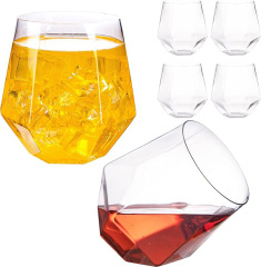 Clear Diamond Shaped Plastic Stemless Wine Glasses Disposable 12 Oz Clear Plastic Wine Whiskey Cups Shatterproof Recyclable and BPA-Free