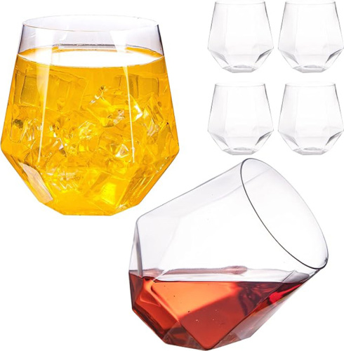 Clear Diamond Shaped Plastic Stemless Wine Glasses Disposable 12 Oz Clear Plastic Wine Whiskey Cups Shatterproof Recyclable and BPA-Free