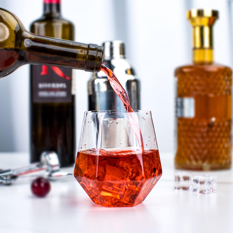 Clear Diamond Shaped Plastic Stemless Wine Glasses Disposable 12 Oz Clear Plastic Wine Whiskey Cups Shatterproof Recyclable and BPA-Free