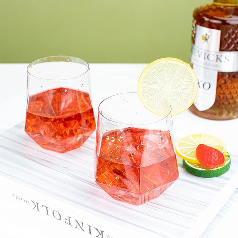 Clear Diamond Shaped Plastic Stemless Wine Glasses Disposable 12 Oz Clear Plastic Wine Whiskey Cups Shatterproof Recyclable and BPA-Free