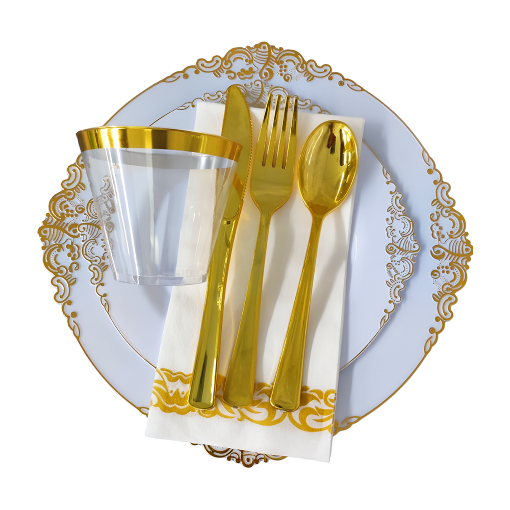 Hot Sell 175 pcs White Gold Rim Disposable Plastic Luxury dishes plates Dinnerware Set For Weddings Birthday Party Decoration