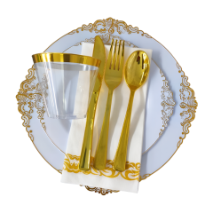 Hot Sell 175 pcs White Gold Rim Disposable Plastic Luxury dishes plates Dinnerware Set For Weddings Birthday Party Decoration