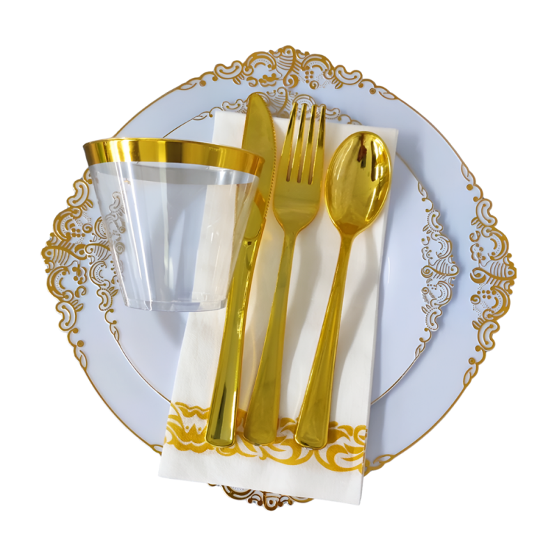 Hot Sell 175 pcs White Gold Rim Disposable Plastic Luxury dishes plates Dinnerware Set For Weddings Birthday Party Decoration