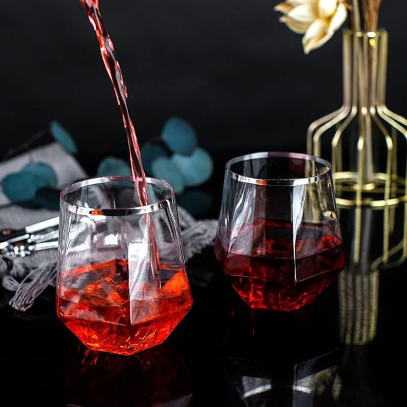 12 Oz Disposable Diamond Shaped Glasses Clear Plastic Whiskey Glasses with Silver Rim Stemless Wine Cups