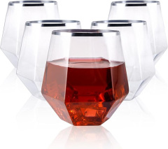 12 Oz Disposable Diamond Shaped Glasses Clear Plastic Whiskey Glasses with Silver Rim Stemless Wine Cups