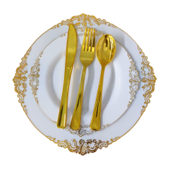 Hot Sell 175 pcs White Gold Rim Disposable Plastic Luxury dishes plates Dinnerware Set For Weddings Birthday Party Decoration