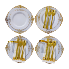 Hot Sell 175 pcs White Gold Rim Disposable Plastic Luxury dishes plates Dinnerware Set For Weddings Birthday Party Decoration