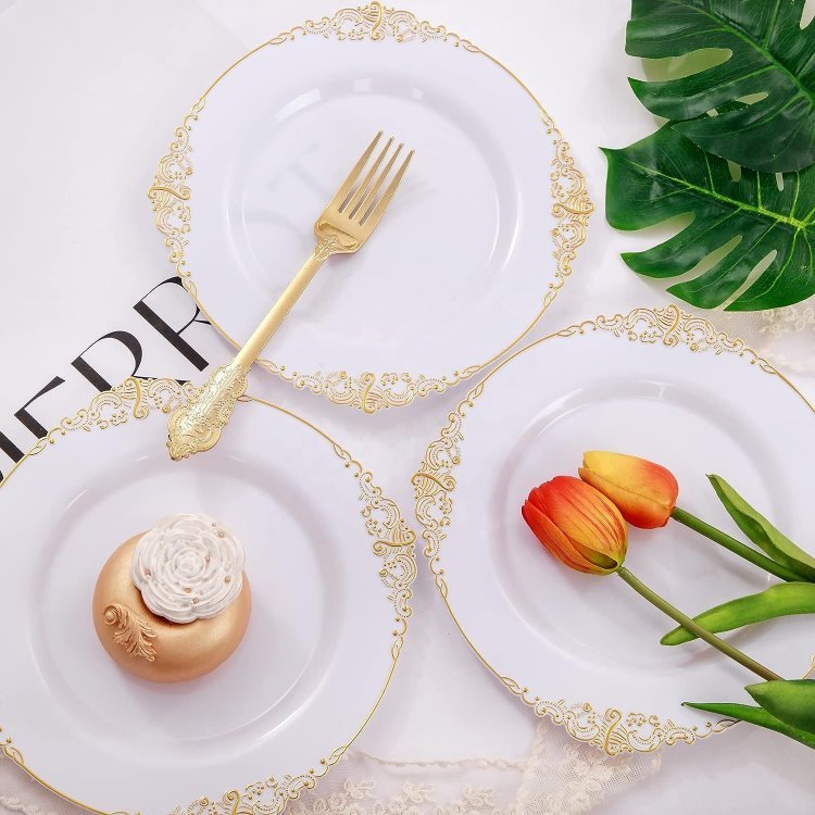 Hot Sell 175 pcs White Gold Rim Disposable Plastic Luxury dishes plates Dinnerware Set For Weddings Birthday Party Decoration