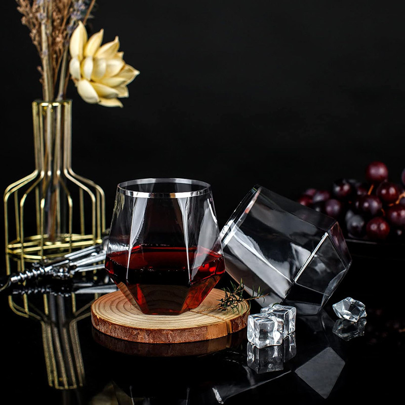 12 Oz Disposable Diamond Shaped Glasses Clear Plastic Whiskey Glasses with Silver Rim Stemless Wine Cups