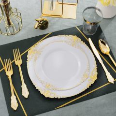 Hot Sell 175 pcs White Gold Rim Disposable Plastic Luxury dishes plates Dinnerware Set For Weddings Birthday Party Decoration