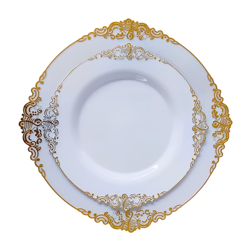 Hot Sell 175 pcs White Gold Rim Disposable Plastic Luxury dishes plates Dinnerware Set For Weddings Birthday Party Decoration