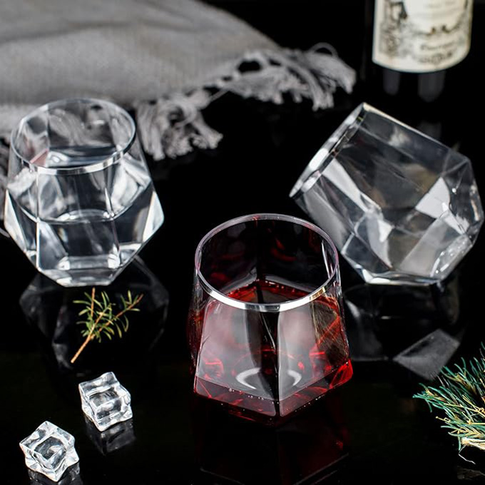 12 Oz Disposable Diamond Shaped Glasses Clear Plastic Whiskey Glasses with Silver Rim Stemless Wine Cups