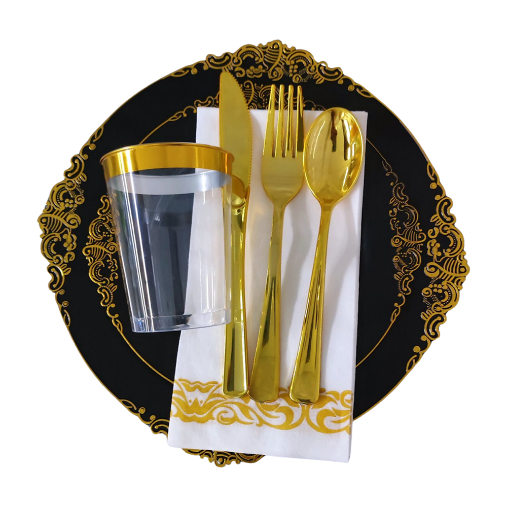 Hot Sell 175 pcs White Gold Rim Disposable Plastic Luxury dishes plates Dinnerware Set For Weddings Birthday Party Decoration