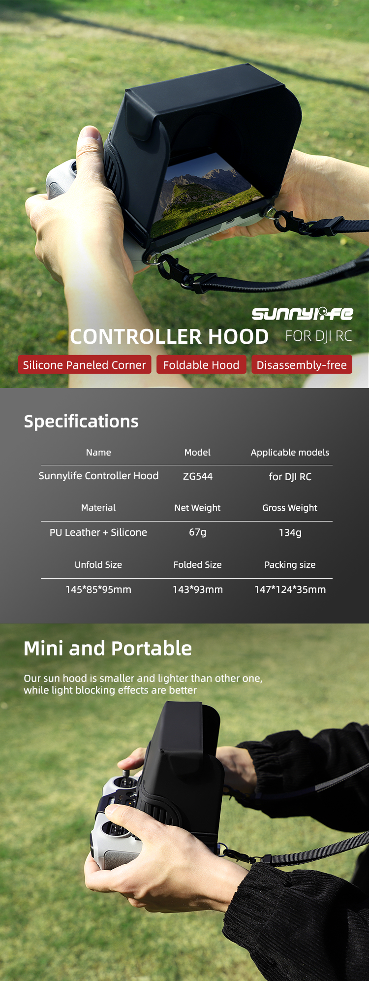 Sunnylife DJI RC Controller Sun Hood Foldable Magnetic PU Leather