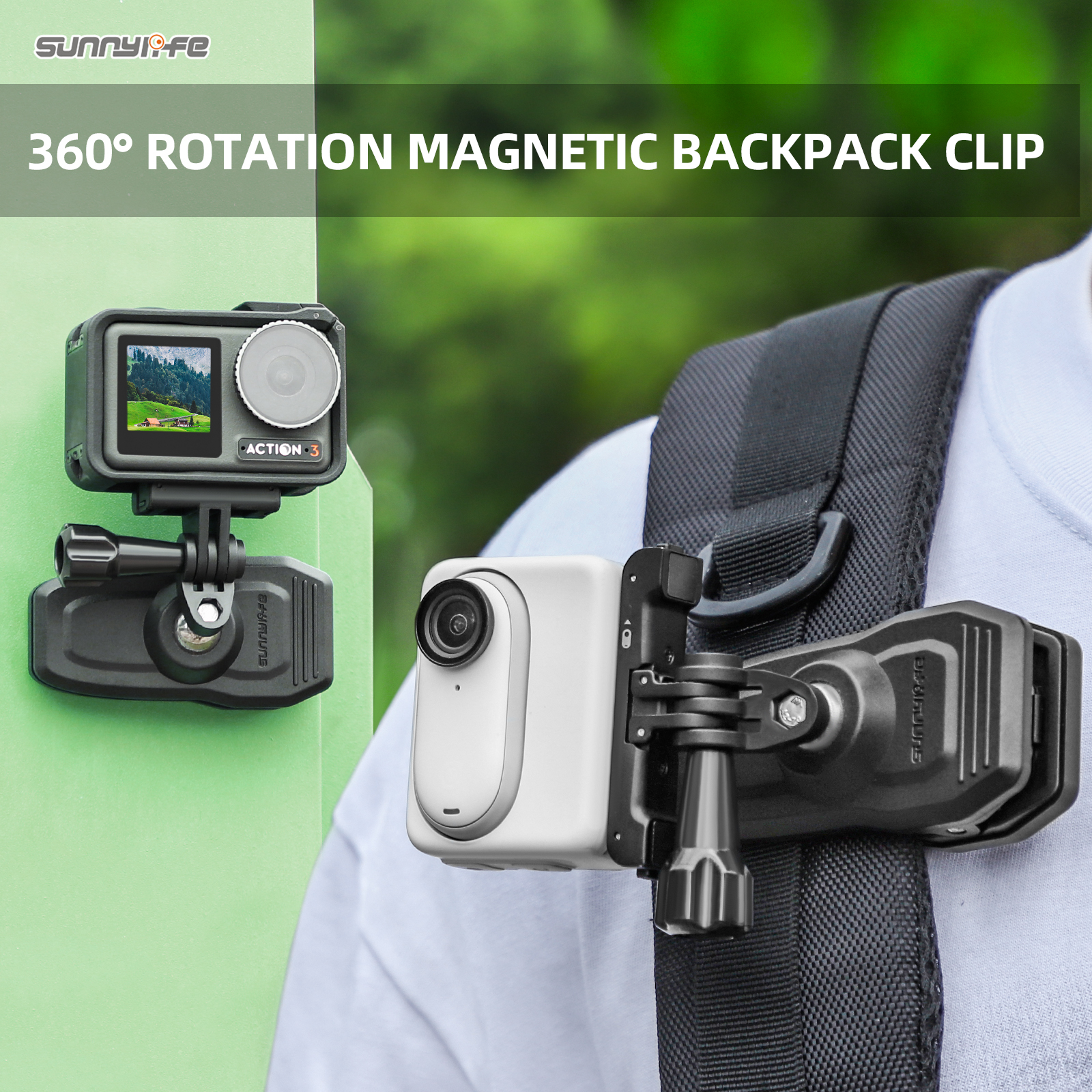 Sunnylife 360 Degree Rotation Swivel Backpack Clip Magnetic Suction Action Camera Mount for Insta360 GO 3 /GoPro 12/ Action 4