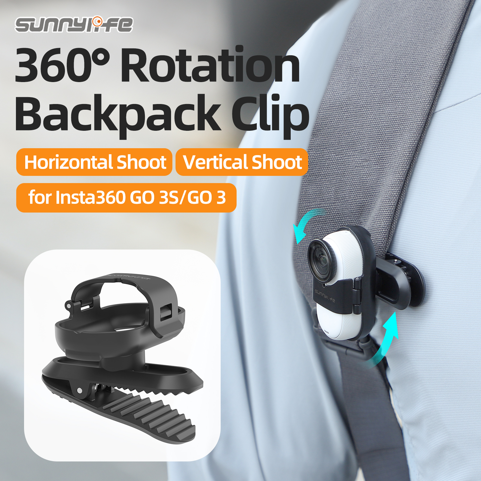Sunnylife 360 Degree Rotation Backpack Clip Action Camera Clamp Mount Accessories for Insta360 GO 3S/GO 3