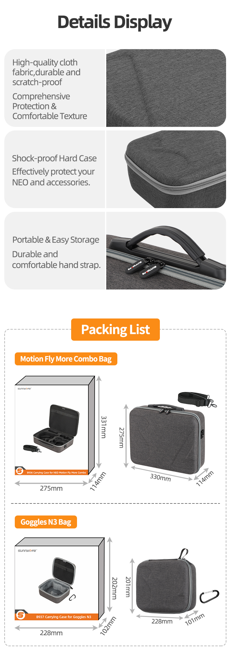 Sunnylife Portable Carrying Case Goggles N3 Bag Hard Travel Case Shoulder Bag Accessories for NEO Motion Fly More Combo