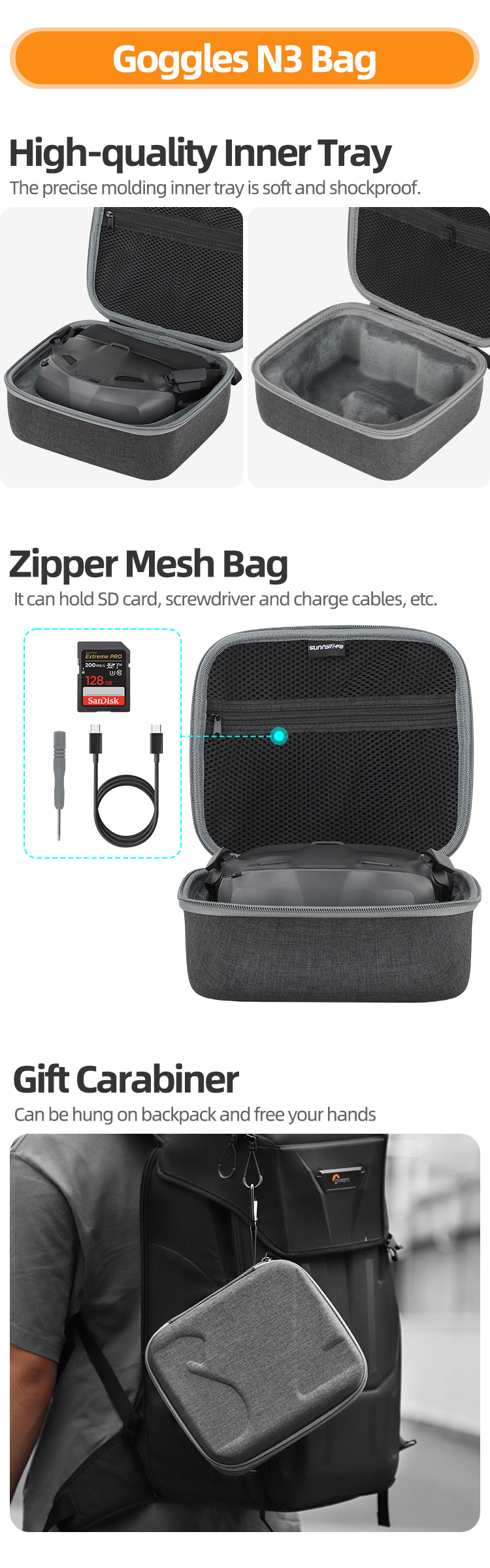 Sunnylife Portable Carrying Case Goggles N3 Bag Hard Travel Case Shoulder Bag Accessories for NEO Motion Fly More Combo