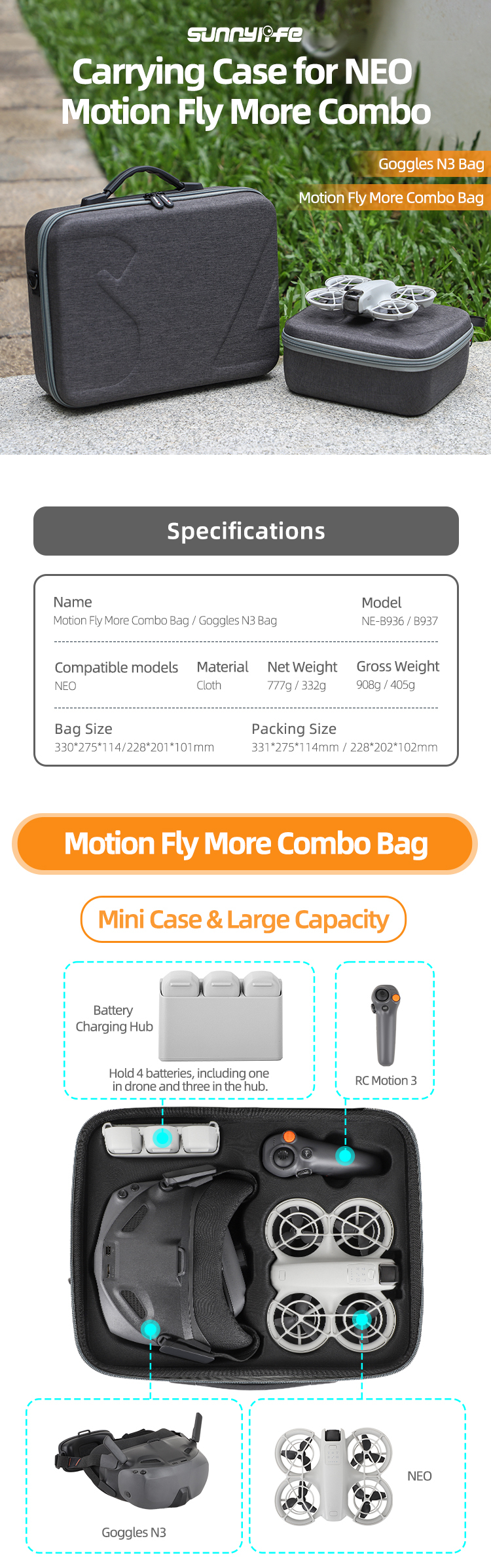 Sunnylife Portable Carrying Case Goggles N3 Bag Hard Travel Case Shoulder Bag Accessories for NEO Motion Fly More Combo
