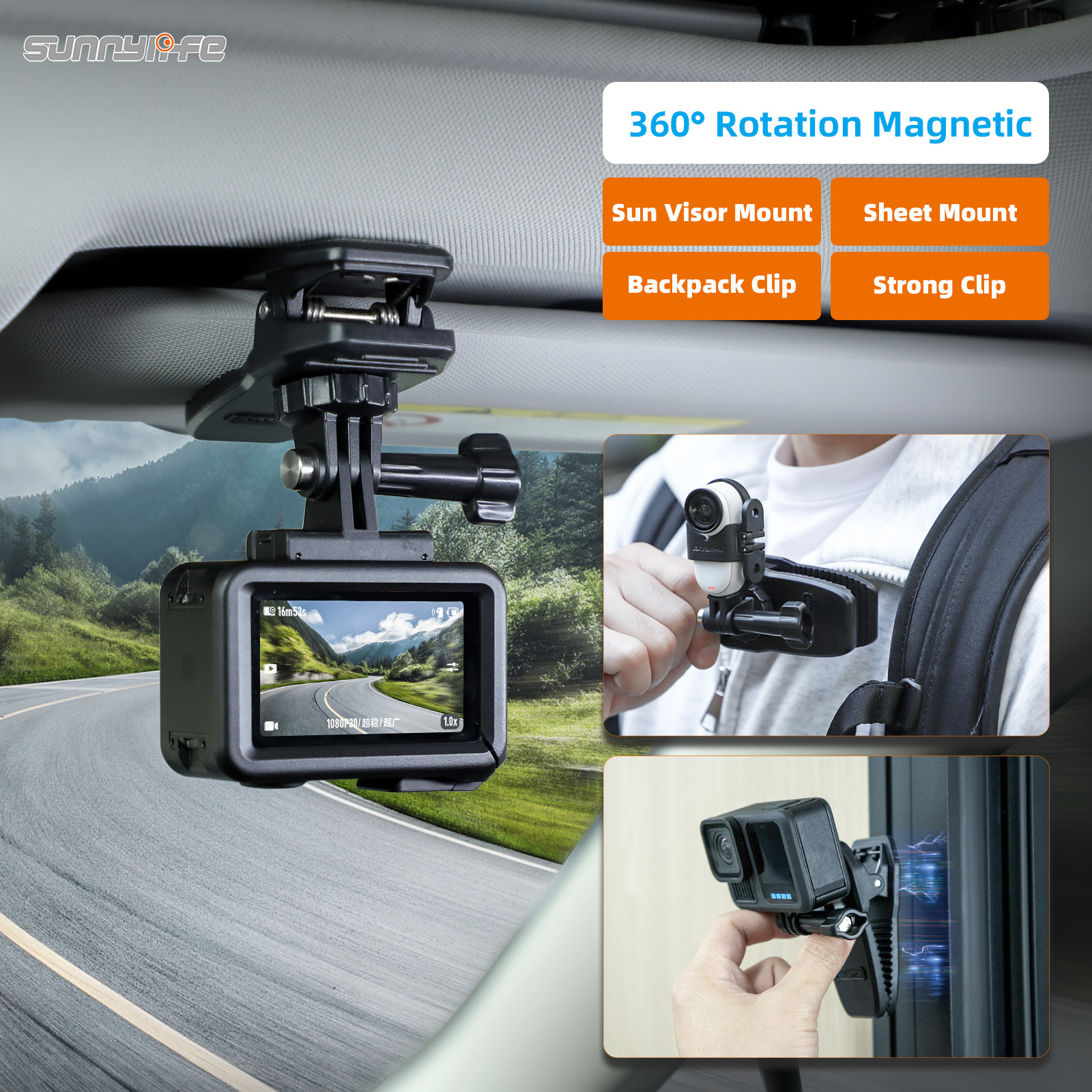 Sunnylife Car Sun Visor Mount Action Camera Magnetic Holder Cell Phone Vlog Mount 360° Rotating for Action 5 Pro/ 360 X4/ GoPro 13