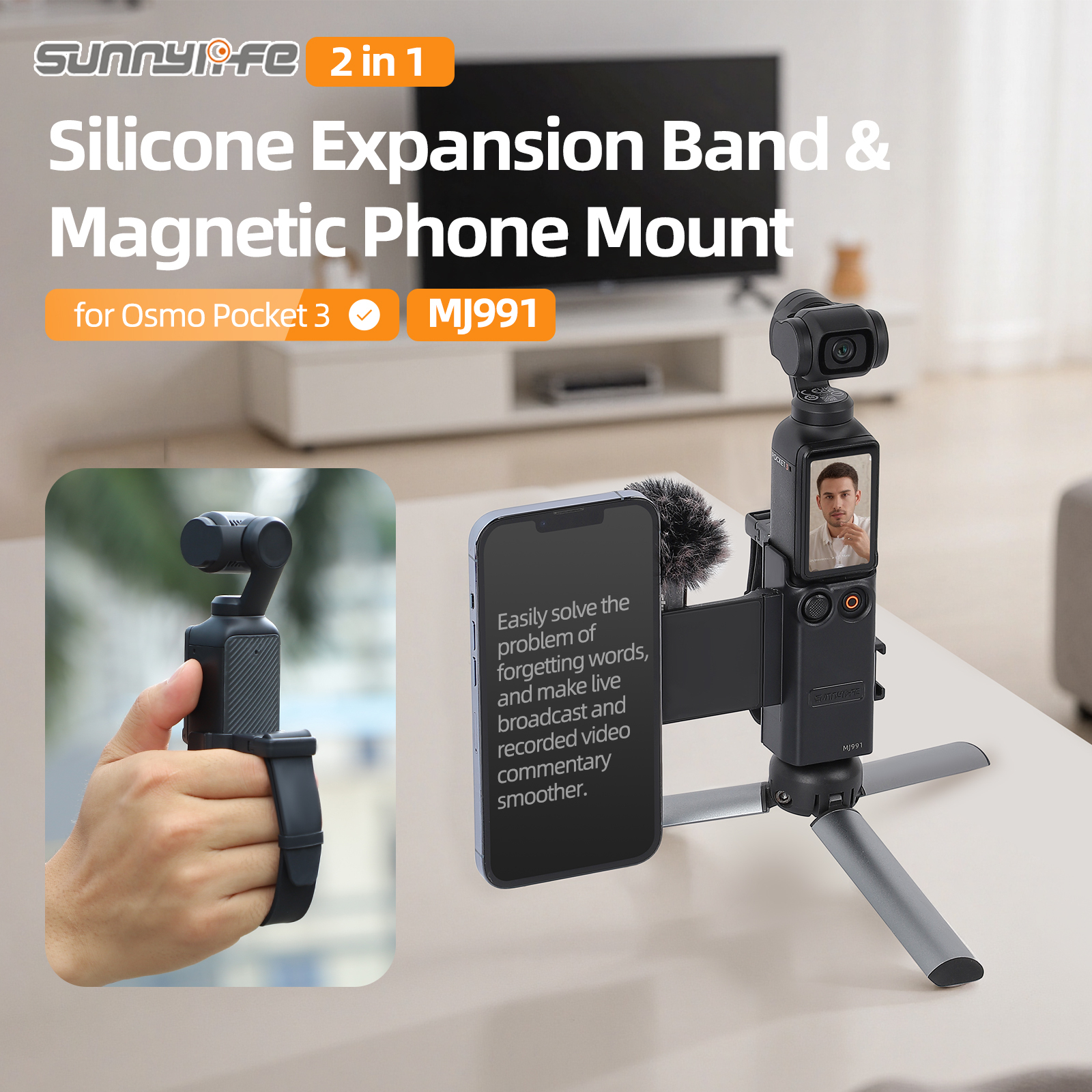 Sunnylife Hand Band Magnetic Expansion Adapter Phone Teleprompter Holder Mount Extension Handle for Osmo Pocket 3
