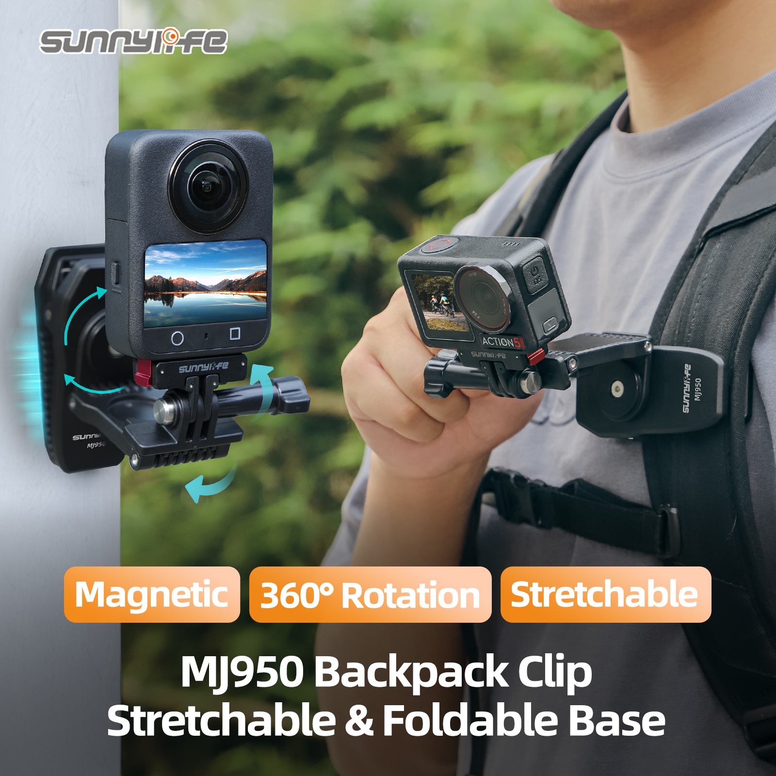 Sunnylife Stretchable Backpack Clip Rotatable Magnetic Mount Action Camera Holder Vlog Mount for OSMO 360/ Action 5 Pro/ 360 X5/ Pocket 3