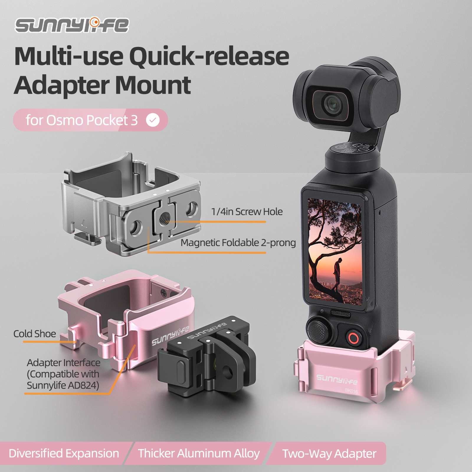 Sunnylife Quick Release Adapter Mount Metal Frame Two-Way Adapter Expansion Cold Shoe Accessories for OSMO POCKET 3
